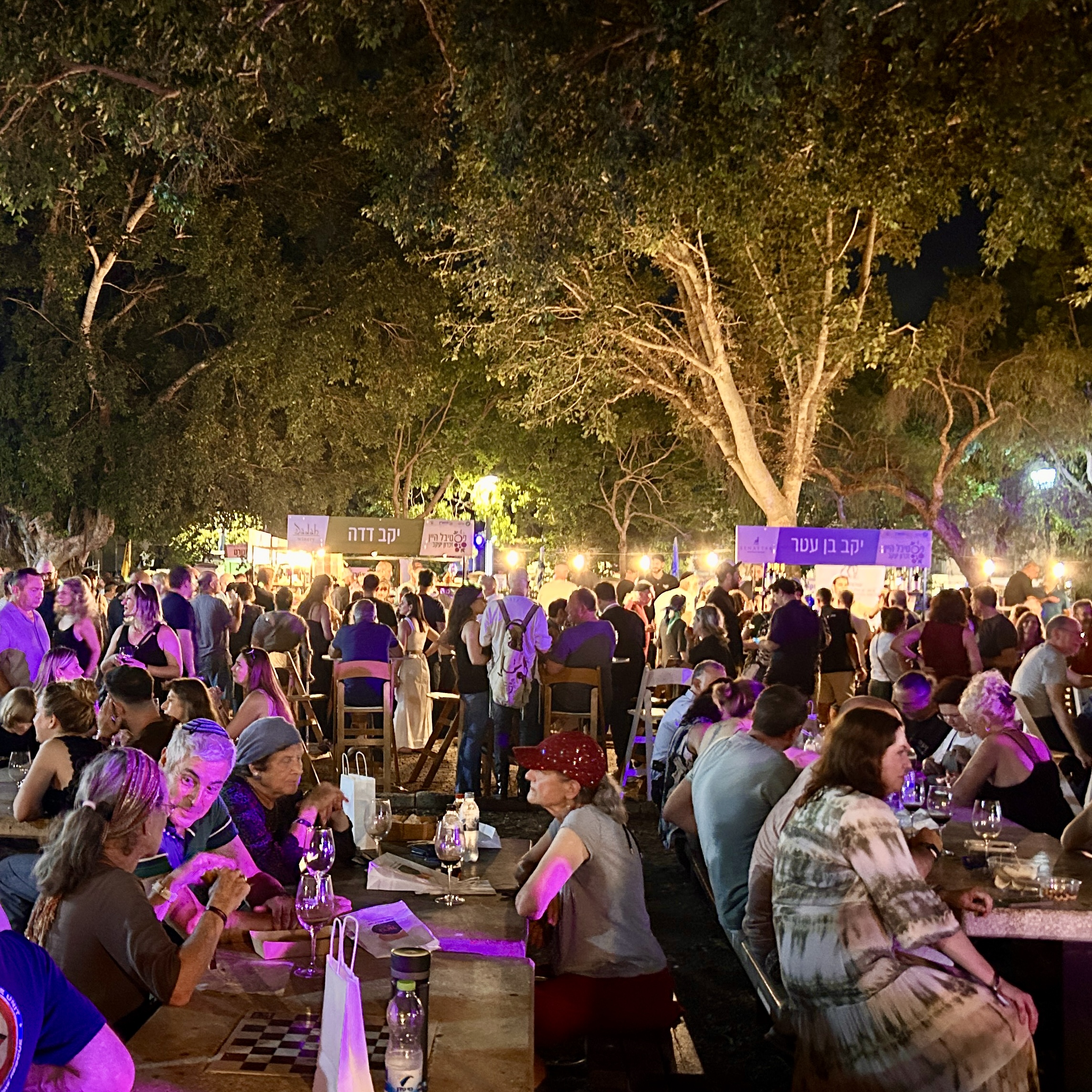 מבקרים יושבים ונהנים מטעימות בפסטיבל היין החמישי של זכרון יעקב