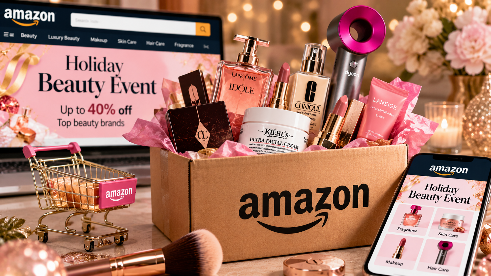 הדמיית AI של מבצעי Holiday Beauty Event באמזון עם מוצרי איפור, טיפוח ובישום