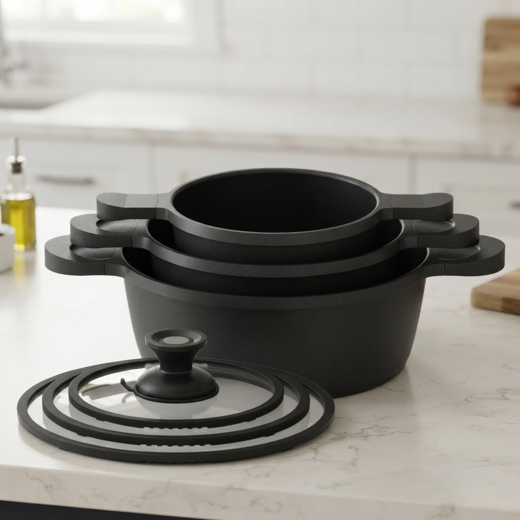 מארז Nest של נעמן הכולל שלושה סירים, שלושה מכסי זכוכית וידית נשלפת